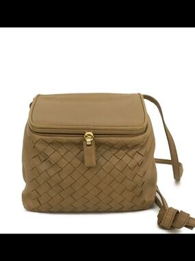 Bottega Veneta Intrecciato Woven Crossbody Bag in Taupe Brown with Gold Hardware